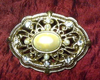 Golden Pearl Filigree: Vintage 1960s Neo-Victorian Brooch - Faux Pearl, Crystals, Exquisitely Detailed Lapel / Scatter / Collar Pin
