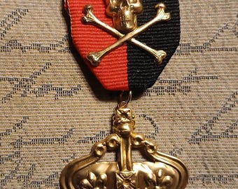 Perilous Majesty: Skull & Crossbones with Crown Medal / Queen or Knave of Hearts / Pirate Badge / Heraldic Black and Red Ribbon Pin