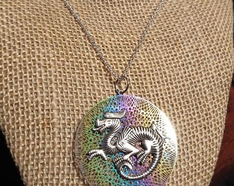 Rainbow Dragon Medallion Pendant: Silver Dragon, Geometric Iridescent Swirl on Silver-tone Chain - Ren Faire, Myth, Spiritual, Mystic, D&D