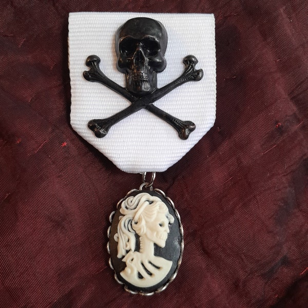 Skull & Crossbones Skeleton Cameo Medal: Pirate / Gothic Medal with Skeletal Woman's Profile Cameo + Black Skull/Crossbone on White Ribbon