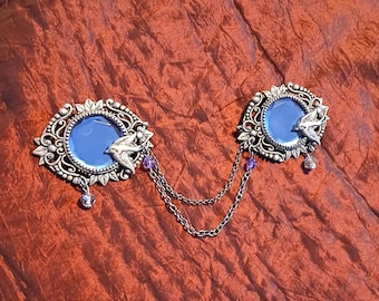 Blue Bird, Gothic Grip: Cloak Clasps / Sweater Clips, Blue Glass Mirror Medallions framed in Pewter Filigree w/ Doubled Chains Faceted Beads