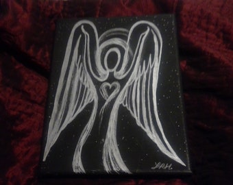 Angel Heart: Silver Hand Painted Guardian Angel with Radiant Heart on Black 8 x 10 Canvas - One of a kind original art - Ready to Hang
