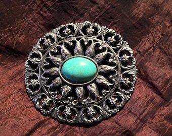 Large Vintage 1970s Art Nouveau Oval Scrollwork and Leafy Sunburst Western Pewter-Tone and Turquoise-Style Filigree Belt Buckle