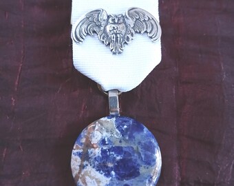 Wisdom World: Owl and Sodalite Medal / Brooch - Wide-Winged Silver Owl and 35mm Sodalite Genuine Crystal Medallion