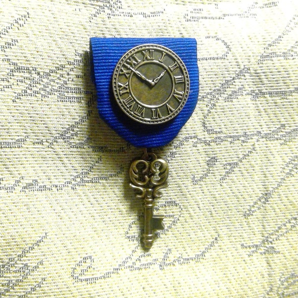 Time Traveler: Timelord Medal & Key - Resin Brass Clock, Resin Victorian-Style Key on Blue Ribbon Doctor Who Tardis Key, Steampunk, Cosplay