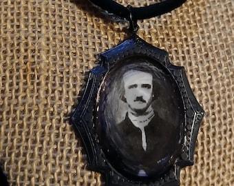 Bold Poe on Velvet: Edgar Allan Poe Portrait in Ornate Black Brass Frame Set in Hand-Cast Resin