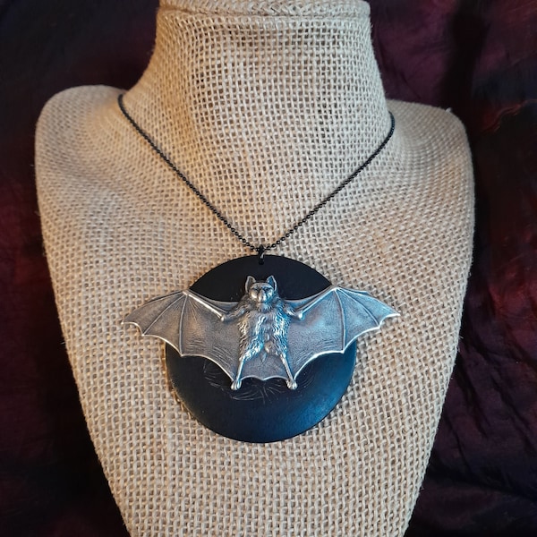 Big Bold Bat in Silver on Vintage Wooden Etched Frame: Necklace, Ornament, Statement Piece! Detailed, Open-Winged Bat, Black Segmented Chain