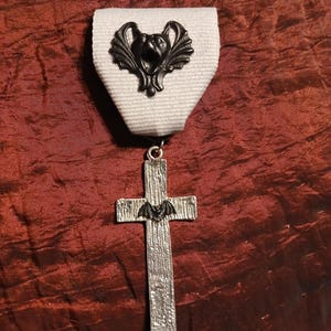Gothic Vampire Cross: Gargoyle Medal w/ Silver Textured Cross, Black Bat and Bat Face on Gray Ribbon Pin, Vampire Hunter, Gargoyle Protector