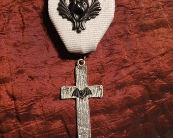 Gothic Vampire Cross: Gargoyle Medal w/ Silver Textured Cross, Black Bat and Bat Face on Gray Ribbon Pin, Vampire Hunter, Gargoyle Protector
