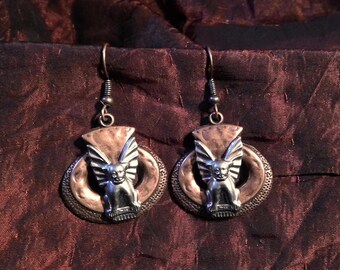 Deco Gargoyles: Bold Pewter Gargoyles / Vampire / Gothic Earrings on Art Deco Copper Vintage Settings and Ear Wires