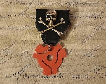 Rock Out! Classic Vintage Red 45 Record Spindle Adapter Medal with Skull and Crossbones - RetroPunk - Steampunk - Death Metal