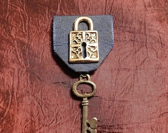 Lock and Key Medal! Vintage Charm Set on Antique Navy Blue Ribbon with Pin Backing / Key to Freedom Pendant / Steampunk / Cosplay Medal