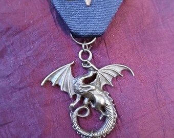 Dragon Treasure, Victorian Glory, Bronze Flourish: 1890s Brass Art Nouveau Finding on Black Ribbon with Dragon and Bead