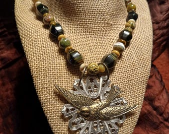 Lark Ascending: Rainbow Obsidian & Jasper Beaded Necklace with Bird in Flight in Silver-tone Halo