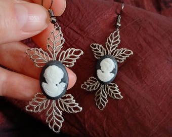 Facing Pair Cameo Earrings in Vintage Neo-Classical Style set in Black Resin with Pewter Filigree Lacy Metal Leaf Frames