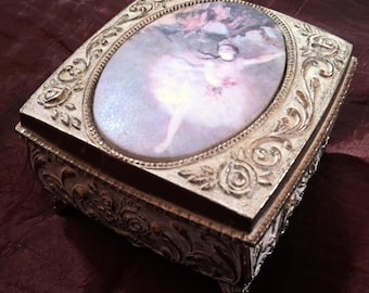 L'Etoile (The Star) Vintage 1950s/60s Degas Ballerina Metal Footed Trinket Box / Jewelry Box, Made in Japan, 2.5 inches