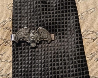 Blackened Brass Owl Tie Bar, A Wise Accessory: Bold Vintage Tie Bar with Owl in Etched Metal Detail on Vintage Tie Bar / Tie Clasp