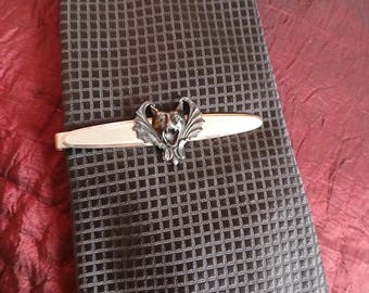 Bold, Big Gothic Gargoyle Tie Bar: Bold Vintage Oval Tie Bar + Blackened Brass Gargoyle / Vampire in Etched Metal Detail on Vintage Tie Clip