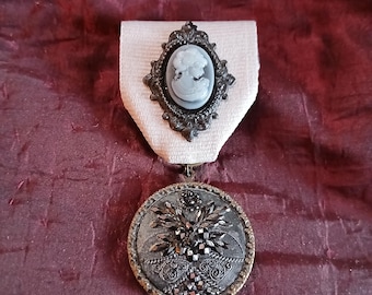 Gothic Victorian Cameo Brooch with Authentic 1890s Mourning Button - Medal / Badge - Steampunk / SteamGoth Victorian Gothic Regalia