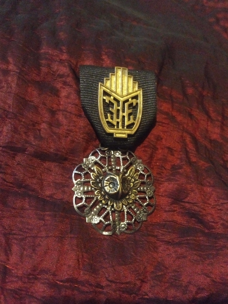 Deco Decadence Vintage Wisdom Authentic 1920s era Art Deco Finding and Bronze Owl on Vintage Gunmetal Filigree Medallion