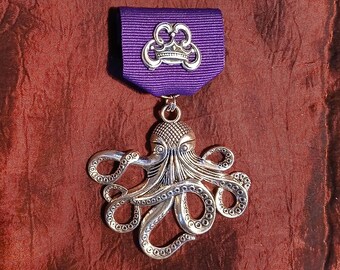 Purple and The Deep: Octopus / Old One / Cthulhu / Kraken Medal + Faceted Medallion on Heraldic Ribbon, Steampunk, Lovecraftian Badge