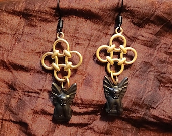 Gargoyle Gothic: Golden Quatrefoil and Black Brass Gargoyle Earrings on Black Ear Wires