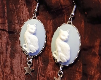Cats & Stars! White Cat Cameo Earrings in Resin Neo-Classical Wedgwood-Style Blue, set on Ear Wires, Delicate Pewter Frame - One of a Kind