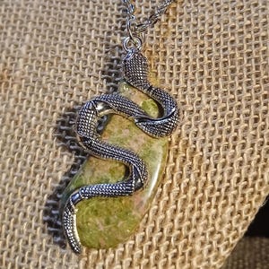 Snake and Stone, Sidewinder Healing: Silver-Toned Sidewinding Snake with Curving Unakite Stone Background Pendant on Antiqued-Silver Chain