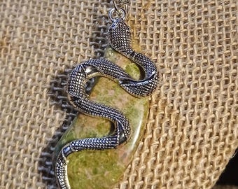 Snake and Stone, Sidewinder Healing: Silver-Toned Sidewinding Snake with Curving Unakite Stone Background Pendant on Antiqued-Silver Chain