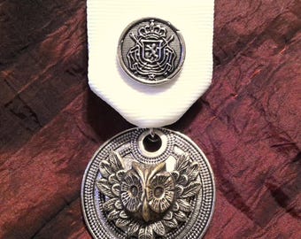 Owl & Crest: Wise Rule - Golden Medal / Award on Heraldic Blue and Green Ribbon with Pin Backing - Steampunk, Talisman, Renaissance, Royal