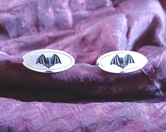 Batty Cuff Links of the Night! Vintage 1960s Steel Cuff Links with Black Bats Added for Greatness on an Elegant Etched Design!