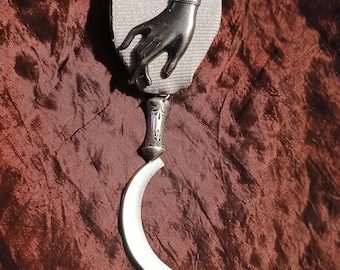 Hand of the Witch: Delicate Hand and Boline Harvest Ritual Medal on Heraldic Grey Ribbon Pin