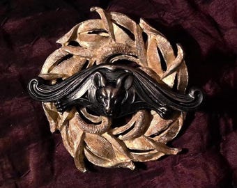 Bat Wreath Radiance Art Deco Vintage Oval Sunburst Bar Pin w/ Blackened Brass Deco Bat Addition! Portion of profits to Lubee Bat Conservancy