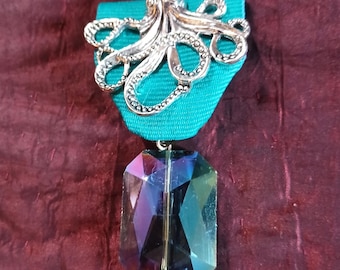 Jewel of The Deep: Octopus / Old One / Cthulhu / Kraken Medal, Faceted Iridescent Crystal  on Heraldic Ribbon, Steampunk, Lovecraftian Badge