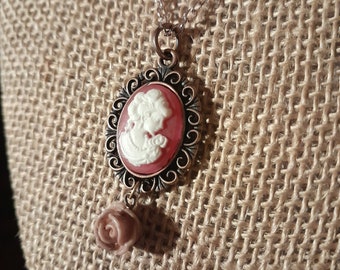 The Rose and the Cameo: Gilded Age Style Pendant, Gibson-Girl Woman's Profile in Ghostly White on Magenta Resin Cameo w/ Dainty Rose Pendant