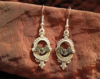 Victorian Bats in Open Frames! Cute Black Bat in Flight on Victorian-Style Filigree Scrollwork Silver Frames on Silver-tone Ear Wires