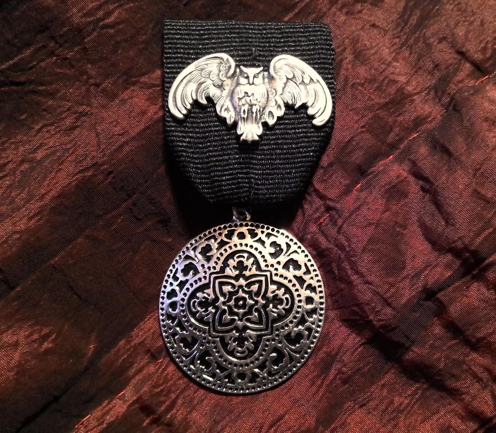 The Owl and the Gothic Medallion: Sacred Wisdom Medal / Brooch - Wide-Winged Silver Owl and Silver-T