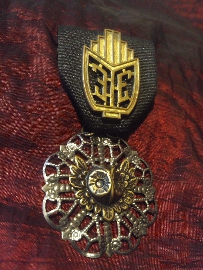 Deco Decadence Vintage Wisdom Authentic 1920s era Art Deco Finding and Bronze Owl on Vintage Gunmetal Filigree Medallion