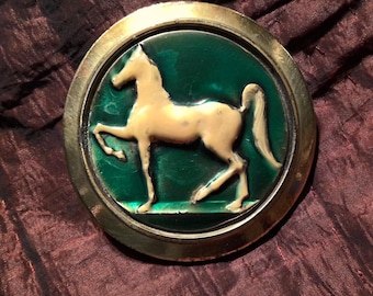 Vintage 1977 Great American Buckle Company Limited Edition Horse Belt Buckle, Stamped Serial Number 756, Rare Enamel Green Beige Edition