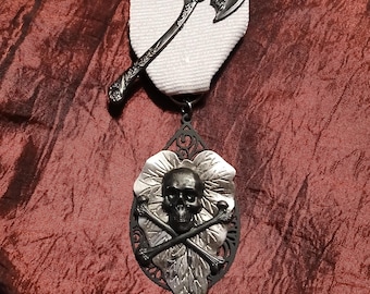 Axe and Skull Medal: Pirate / Gothic Medal with Fairy Tale Axe, Black Skull/Crossbones, Ivy Leaf and Black Filigree Teardrop on Grey Ribbon