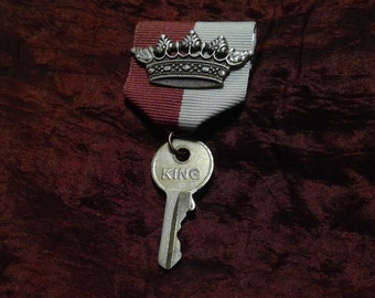 Crown & Key Medal / Regalia, Antiqued Crown with Vintage "King" Key Pendant / Royal / Heraldic / Victorian / Steampunk / Renaissance Faire