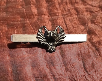 Gothic Gargoyle Tie Bar: Bold Vintage Oval Tie Bar + Blackened Brass Gargoyle / Vampire in Etched Metal Detail on Vintage Tie Clip
