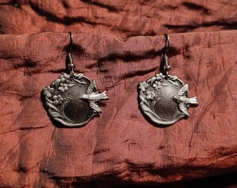 Gothic Bird Medallion Earrings: Forget-Me-Not Flower & Bird / Lark Circles in Blackened Brass with Silver Metallic Wash on Gunmetal Ear Wire