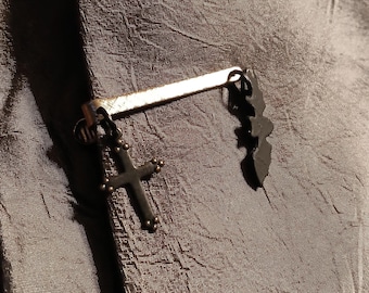 Vampire Hunter Silver Bat and Cross Tie Bar - Silver-Tone Textured Vintage 1960s Tie Clip / Tie Bar with added Blackened Brass Charms