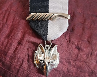 Wolf and Flourish: Vintage Folk Art Pewter Wolf Pendant with Removeable Vintage Tie Bar, Talisman / Steampunk Medal on Ribbon
