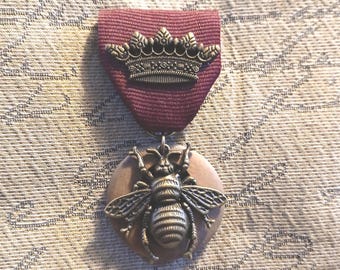 Royal Bee! Classic Brass Crown on Burgundy Ribbon, Vintage Wooden Medallion and Bronze Bee Pendant