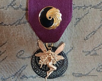 Golden Gothic Fairy Medal with Wrought-iron Medallion and Sparkling Swirls on Burgundy Ribbon, Steampunk / Rococo / Romantic / Neo-Victorian
