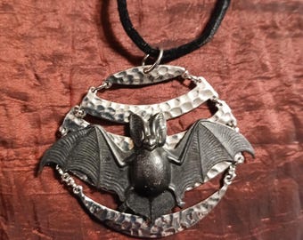 Bat Moon Rising! Big Bold Bat in Black on Vintage 1960s Brutalist Moon Medallion Necklace on Black Velvet Cord