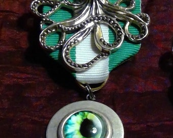 The Eye of the Old One: Cthulhu / Kraken / Octopus Medal with Resin Eye Medallion on Heraldic Ribbon Pin - Steampunk Lovecraftian Medal