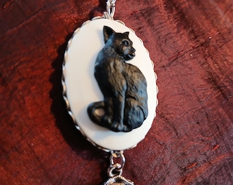Black Cat Rose: Large, Bold Kitty Cameo Pendant and Silver Rose - Black Cat on White Resin with Rose Blossom on Scalloped Frame